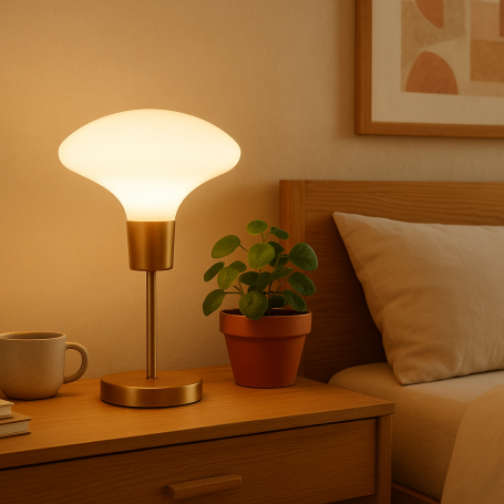 Tischlampe mit geschwungener Form auf Nachttisch, daneben ein kleiner Topf mit Pflanze.
